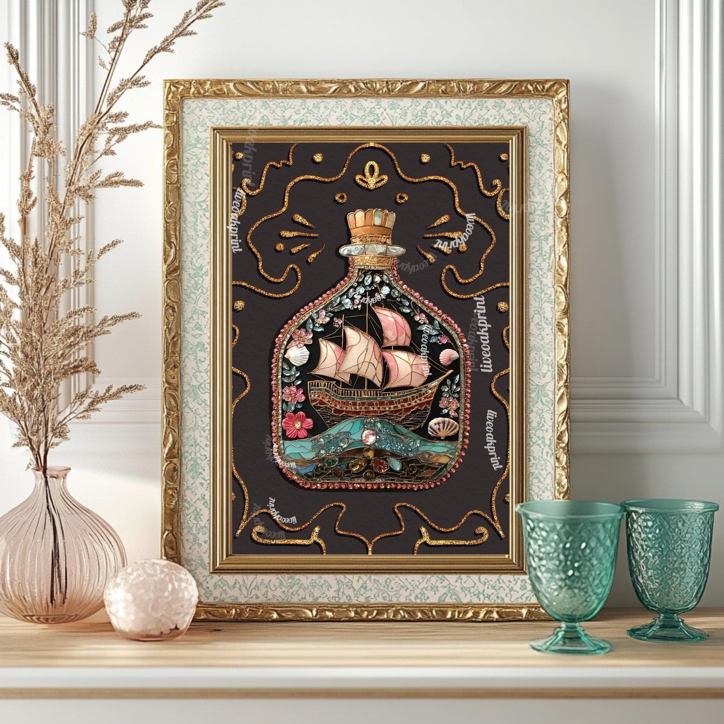 Ship in a Bottle Art Print – Coastal Wall Art – Dark Nautical Decor – Whimsical Ocean Poster – Maritime Fantasy Print – Maximalist Beach Art