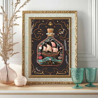 Ship in a Bottle Art Print – Coastal Wall Art – Dark Nautical Decor – Whimsical Ocean Poster – Maritime Fantasy Print – Maximalist Beach Art
