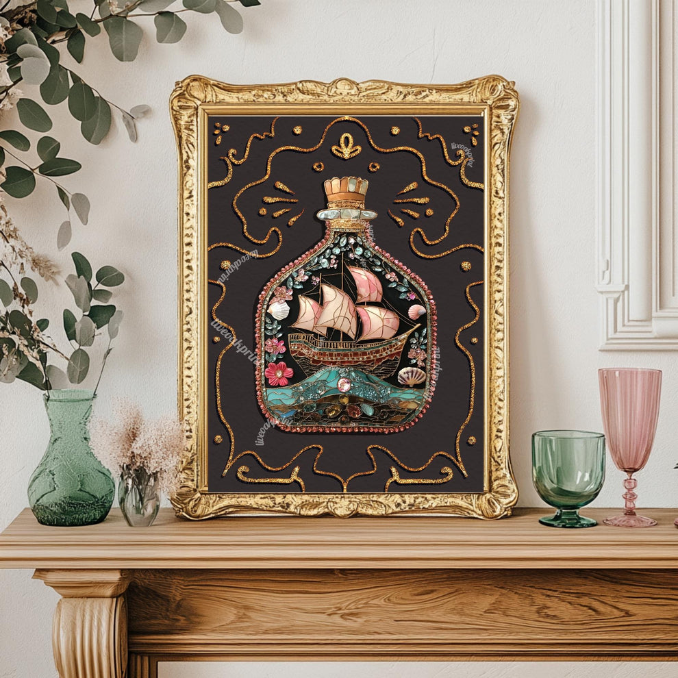 Ship in a Bottle Art Print – Coastal Wall Art – Dark Nautical Decor – Whimsical Ocean Poster – Maritime Fantasy Print – Maximalist Beach Art