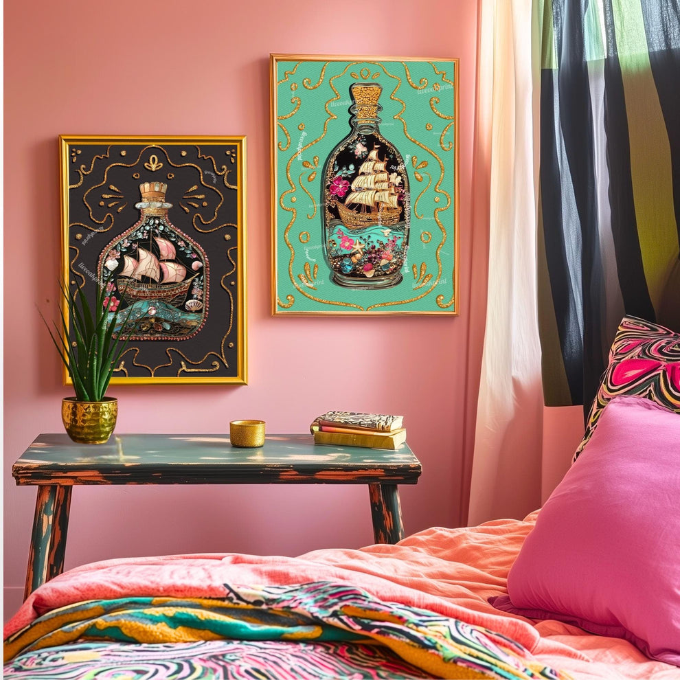 Ship in a Bottle Art Print – Coastal Wall Art – Dark Nautical Decor – Whimsical Ocean Poster – Maritime Fantasy Print – Maximalist Beach Art