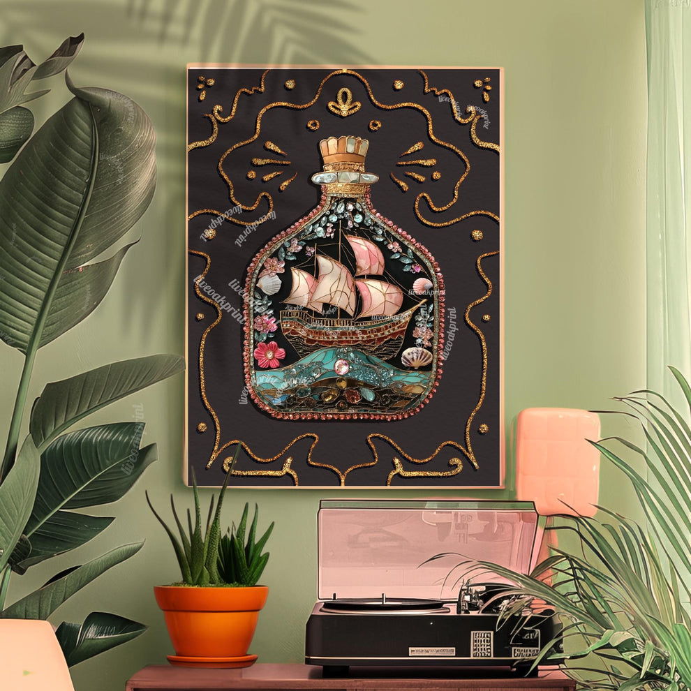 Ship in a Bottle Art Print – Coastal Wall Art – Dark Nautical Decor – Whimsical Ocean Poster – Maritime Fantasy Print – Maximalist Beach Art