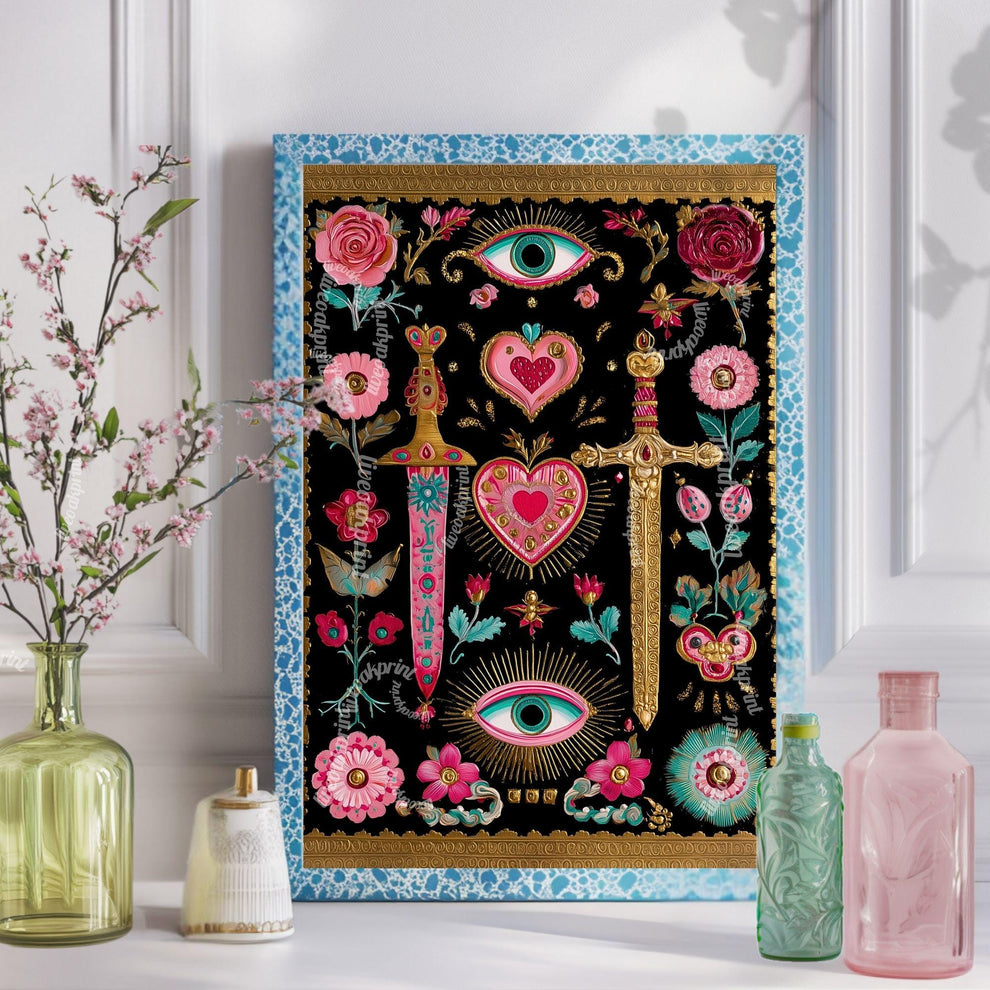Sword and Heart Wall Art – Gothic Eye Art Print Dark Academia Decor Baroque Tattoo Flash Style Black Pink Gold Gallery Wall Print