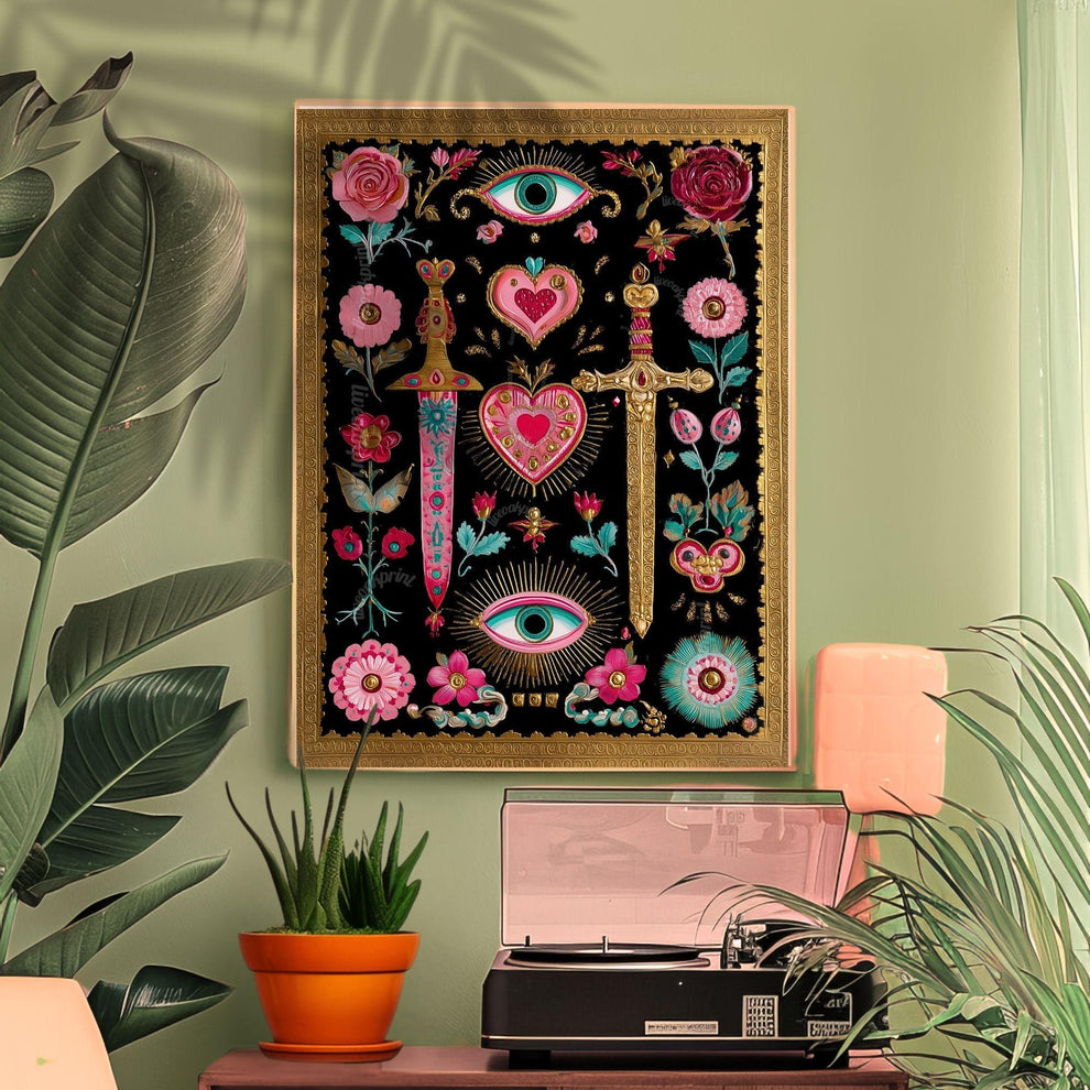 Sword and Heart Wall Art – Gothic Eye Art Print Dark Academia Decor Baroque Tattoo Flash Style Black Pink Gold Gallery Wall Print