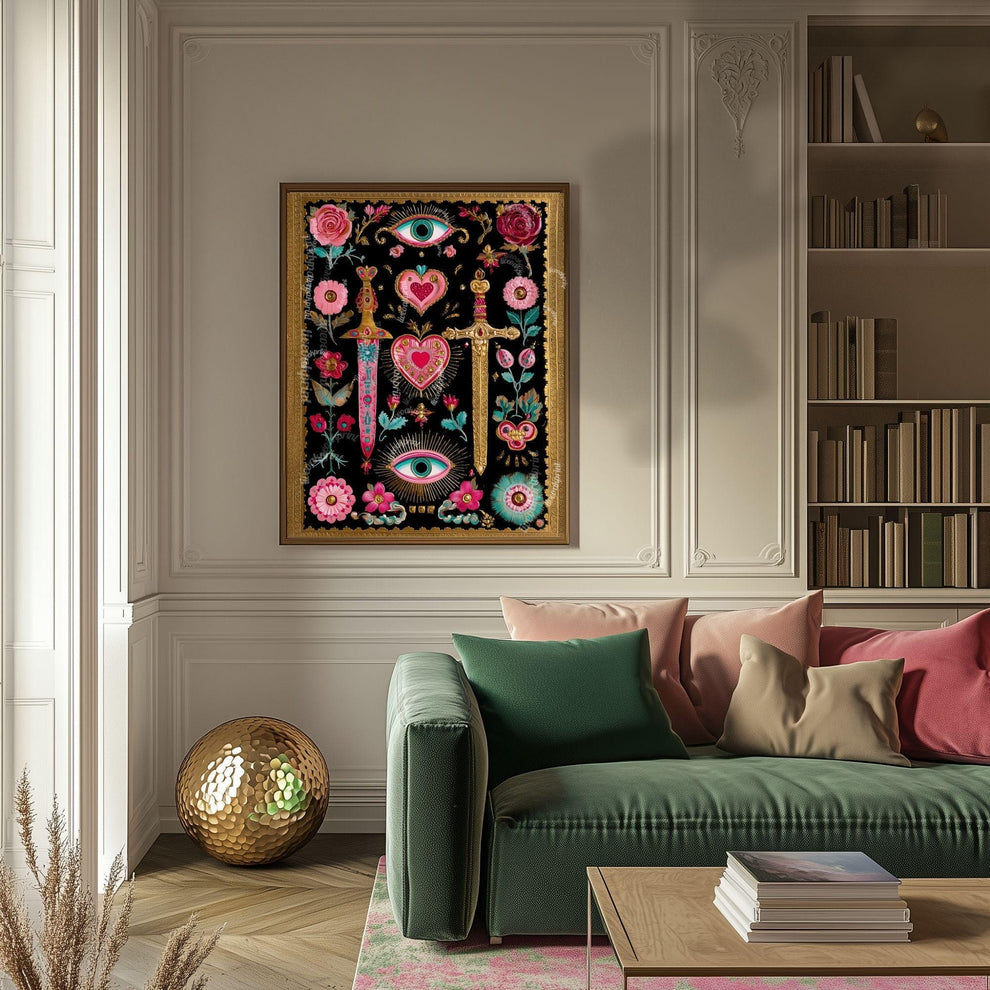 Sword and Heart Wall Art – Gothic Eye Art Print Dark Academia Decor Baroque Tattoo Flash Style Black Pink Gold Gallery Wall Print