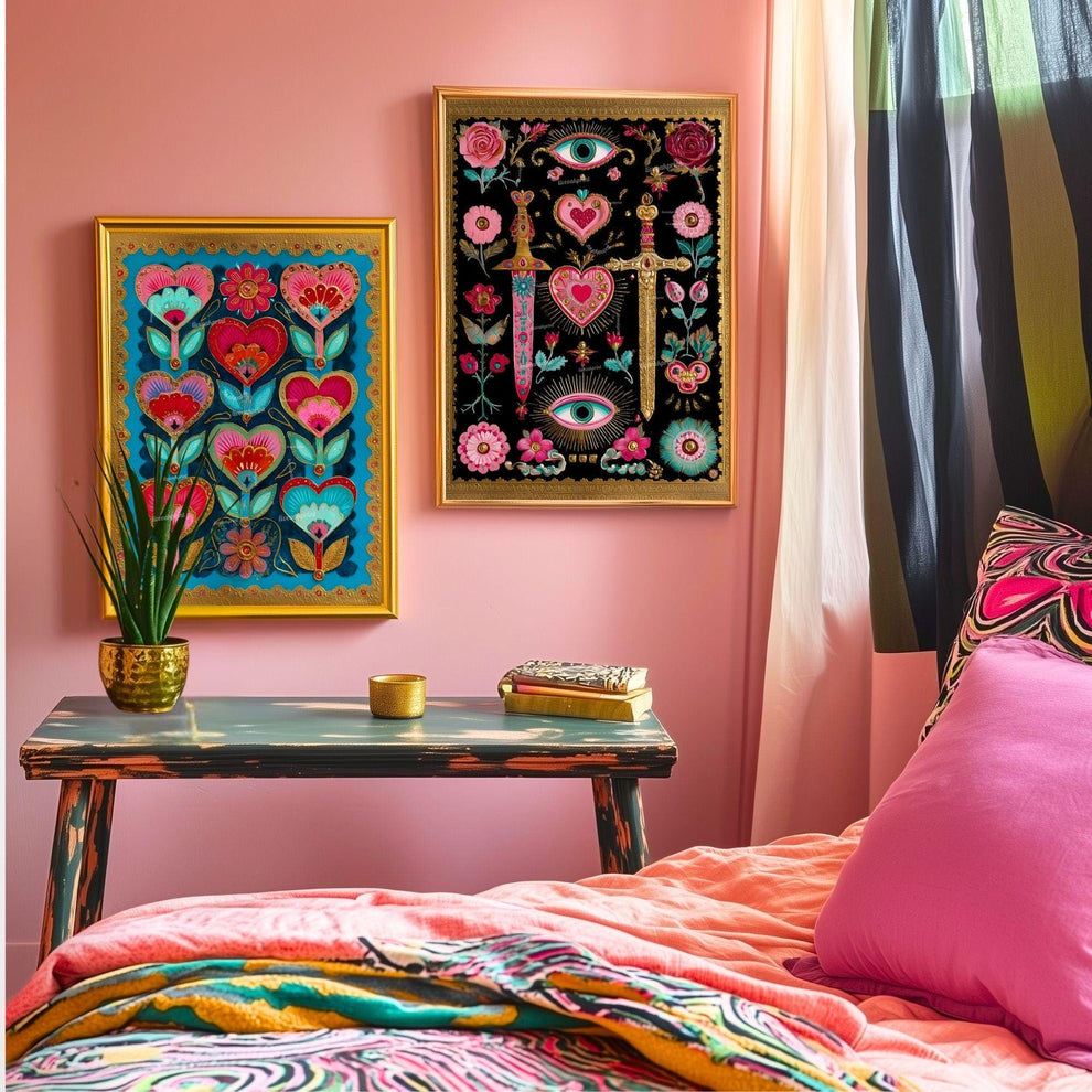 Sword and Heart Wall Art – Gothic Eye Art Print Dark Academia Decor Baroque Tattoo Flash Style Black Pink Gold Gallery Wall Print