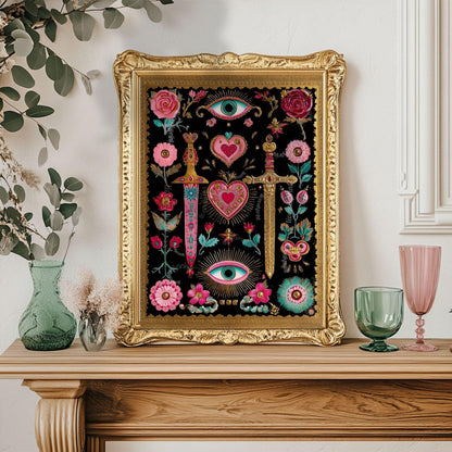 Sword and Heart Wall Art – Gothic Eye Art Print Dark Academia Decor Baroque Tattoo Flash Style Black Pink Gold Gallery Wall Print