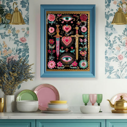 Sword and Heart Wall Art – Gothic Eye Art Print Dark Academia Decor Baroque Tattoo Flash Style Black Pink Gold Gallery Wall Print
