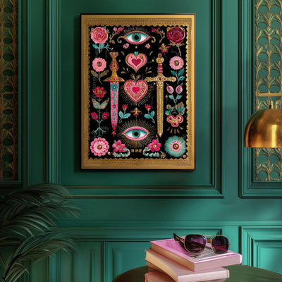 Sword and Heart Wall Art – Gothic Eye Art Print Dark Academia Decor Baroque Tattoo Flash Style Black Pink Gold Gallery Wall Print