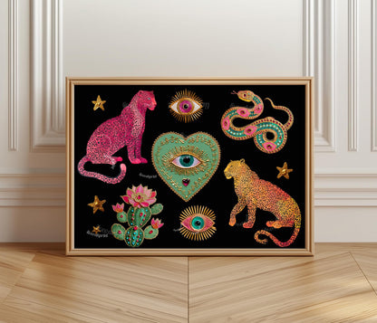 Surreal Wall Art Print – Pink Leopard Snake Eye Heart Print Dark Boho Wall Art Southwestern Cactus Decor Horizontal Art Print Psychedelic
