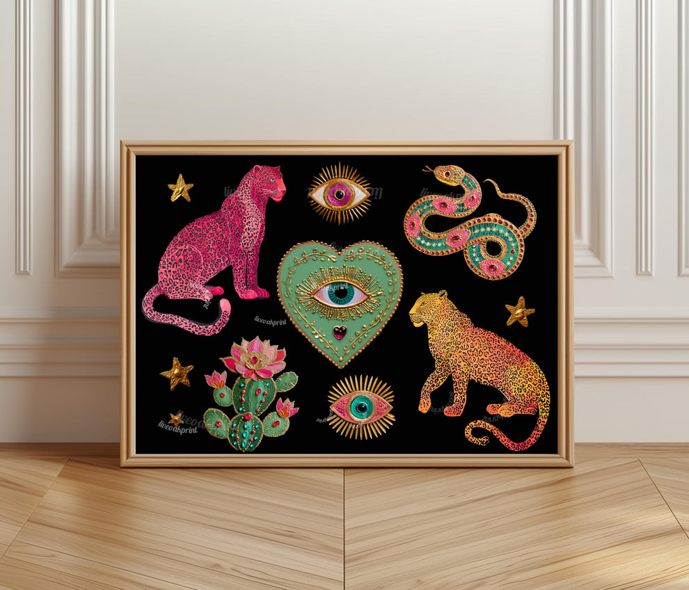 Surreal Wall Art Print – Pink Leopard Snake Eye Heart Print Dark Boho Wall Art Southwestern Cactus Decor Horizontal Art Print Psychedelic