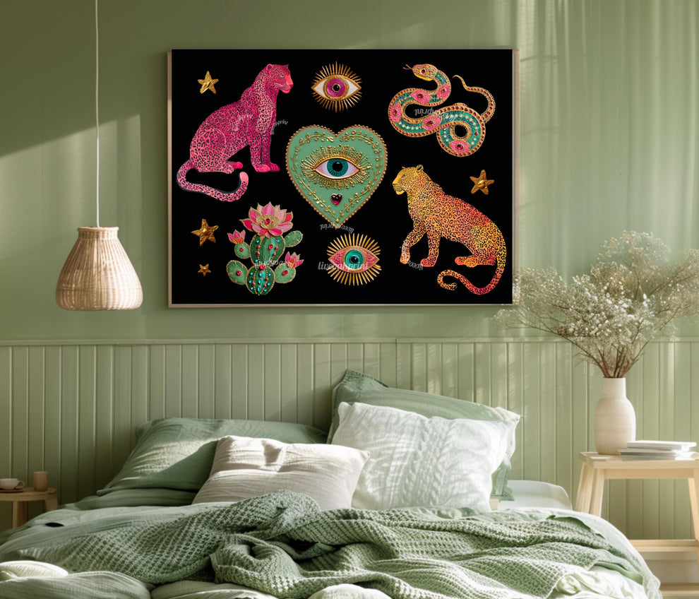 Surreal Wall Art Print – Pink Leopard Snake Eye Heart Print Dark Boho Wall Art Southwestern Cactus Decor Horizontal Art Print Psychedelic