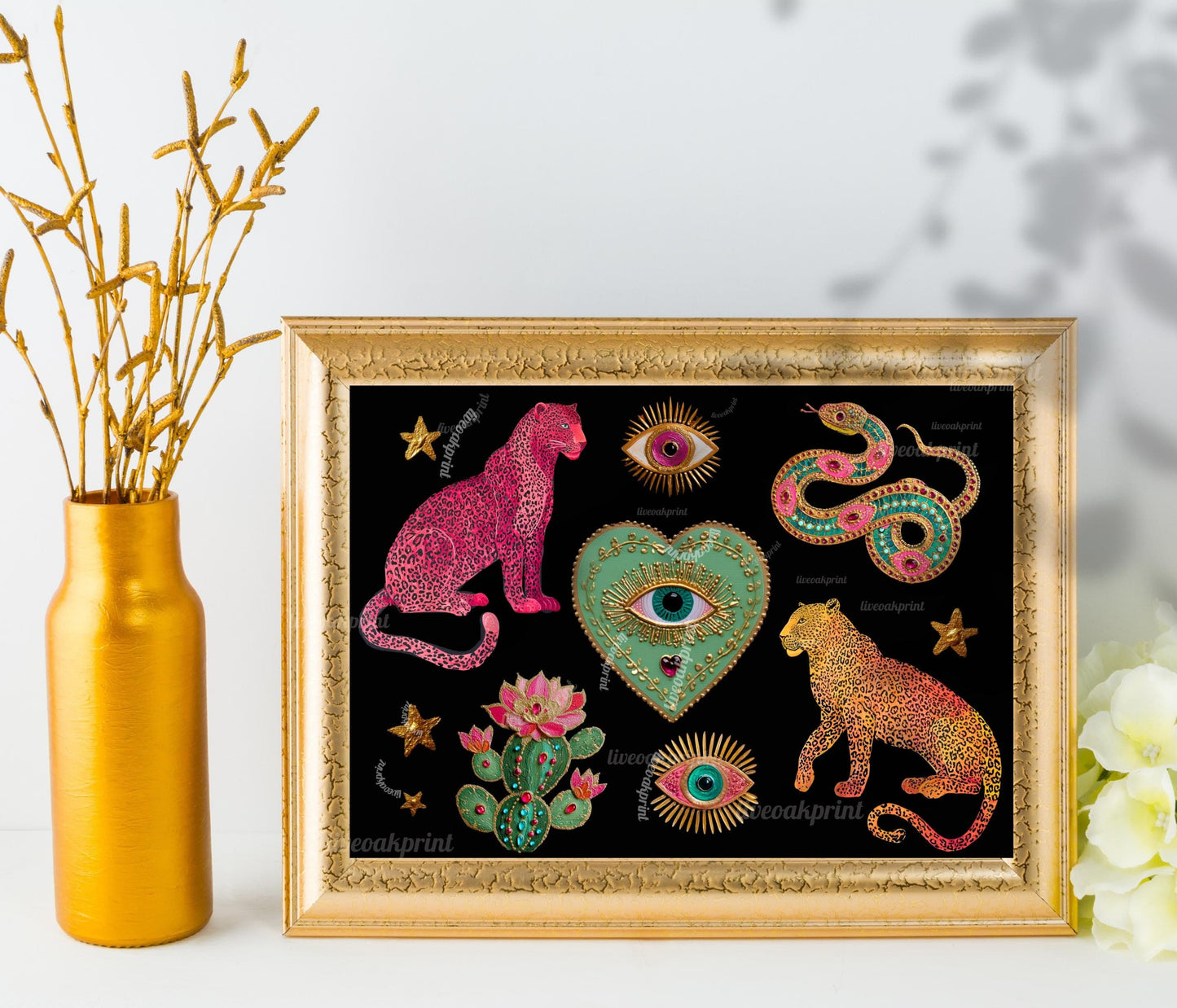 Surreal Wall Art Print – Pink Leopard Snake Eye Heart Print Dark Boho Wall Art Southwestern Cactus Decor Horizontal Art Print Psychedelic