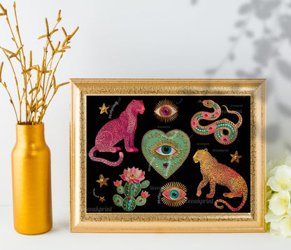 Surreal Wall Art Print – Pink Leopard Snake Eye Heart Print Dark Boho Wall Art Southwestern Cactus Decor Horizontal Art Print Psychedelic