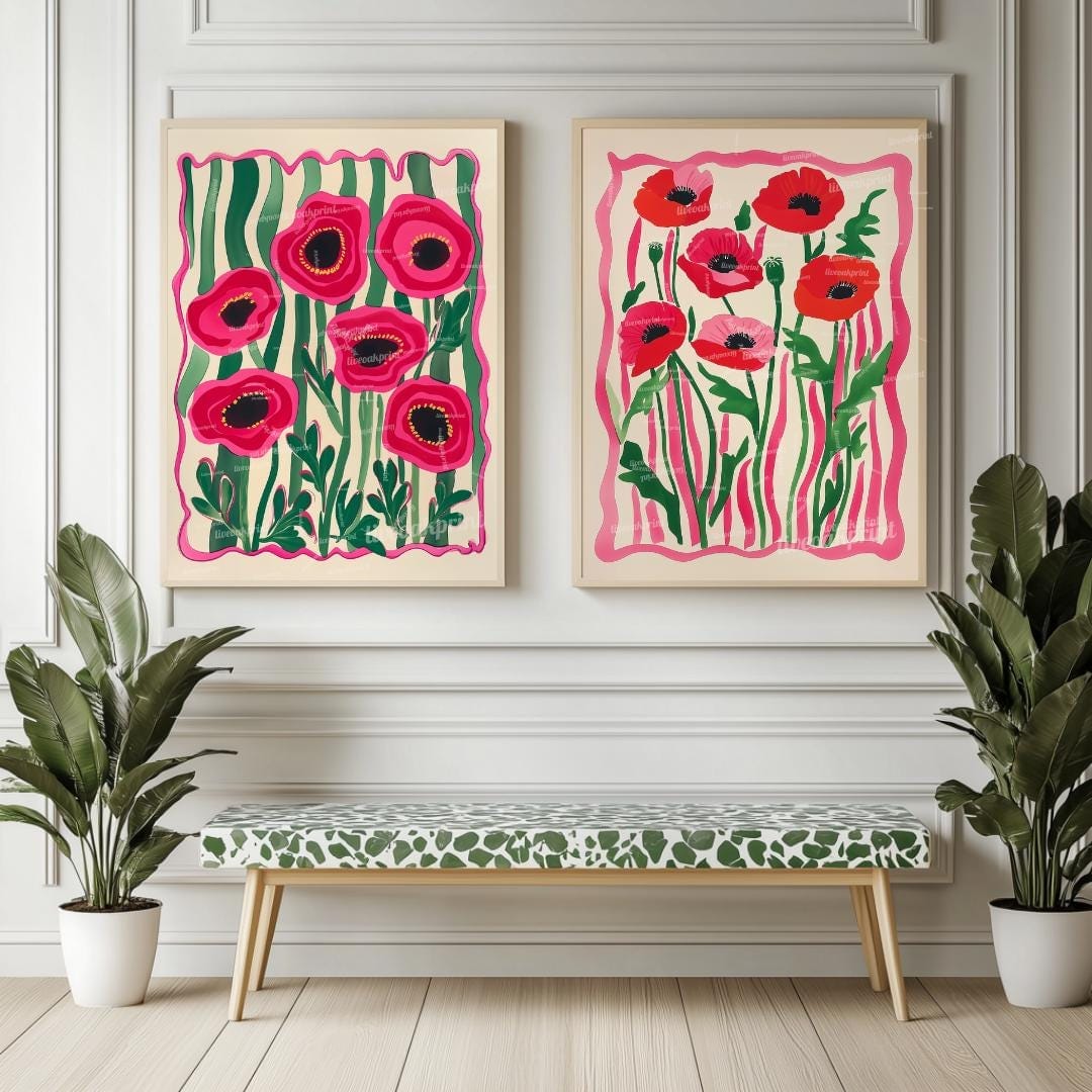 Set Of 2 Flower Art Prints – Red Poppy Flower Prints Pink and Green Boho Botanical Wall Decor Coquette Red Bedroom Art Bold Maximalist Decor