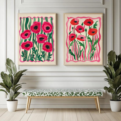 Set Of 2 Flower Art Prints – Red Poppy Flower Prints Pink and Green Boho Botanical Wall Decor Coquette Red Bedroom Art Bold Maximalist Decor