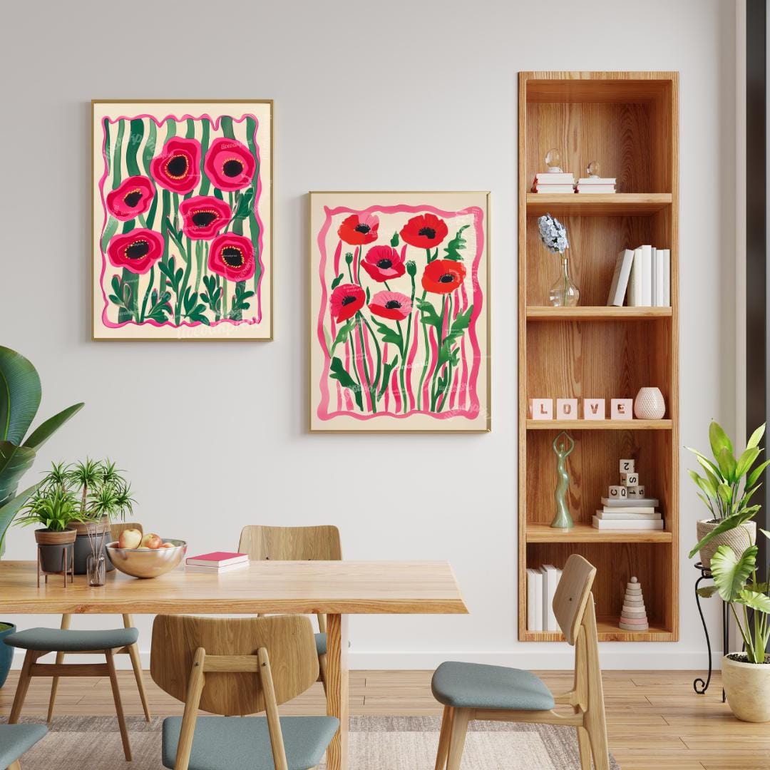 Set Of 2 Flower Art Prints – Red Poppy Flower Prints Pink and Green Boho Botanical Wall Decor Coquette Red Bedroom Art Bold Maximalist Decor