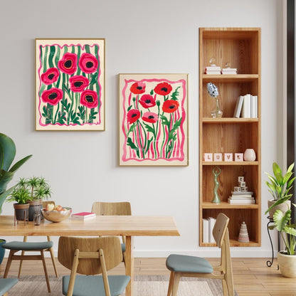 Set Of 2 Flower Art Prints – Red Poppy Flower Prints Pink and Green Boho Botanical Wall Decor Coquette Red Bedroom Art Bold Maximalist Decor