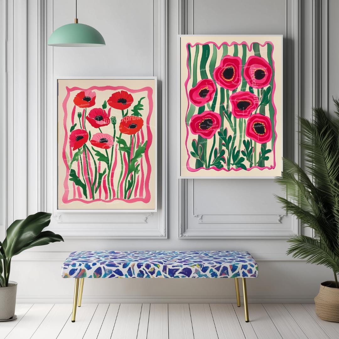 Set Of 2 Flower Art Prints – Red Poppy Flower Prints Pink and Green Boho Botanical Wall Decor Coquette Red Bedroom Art Bold Maximalist Decor