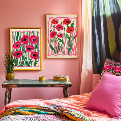 Set Of 2 Flower Art Prints – Red Poppy Flower Prints Pink and Green Boho Botanical Wall Decor Coquette Red Bedroom Art Bold Maximalist Decor
