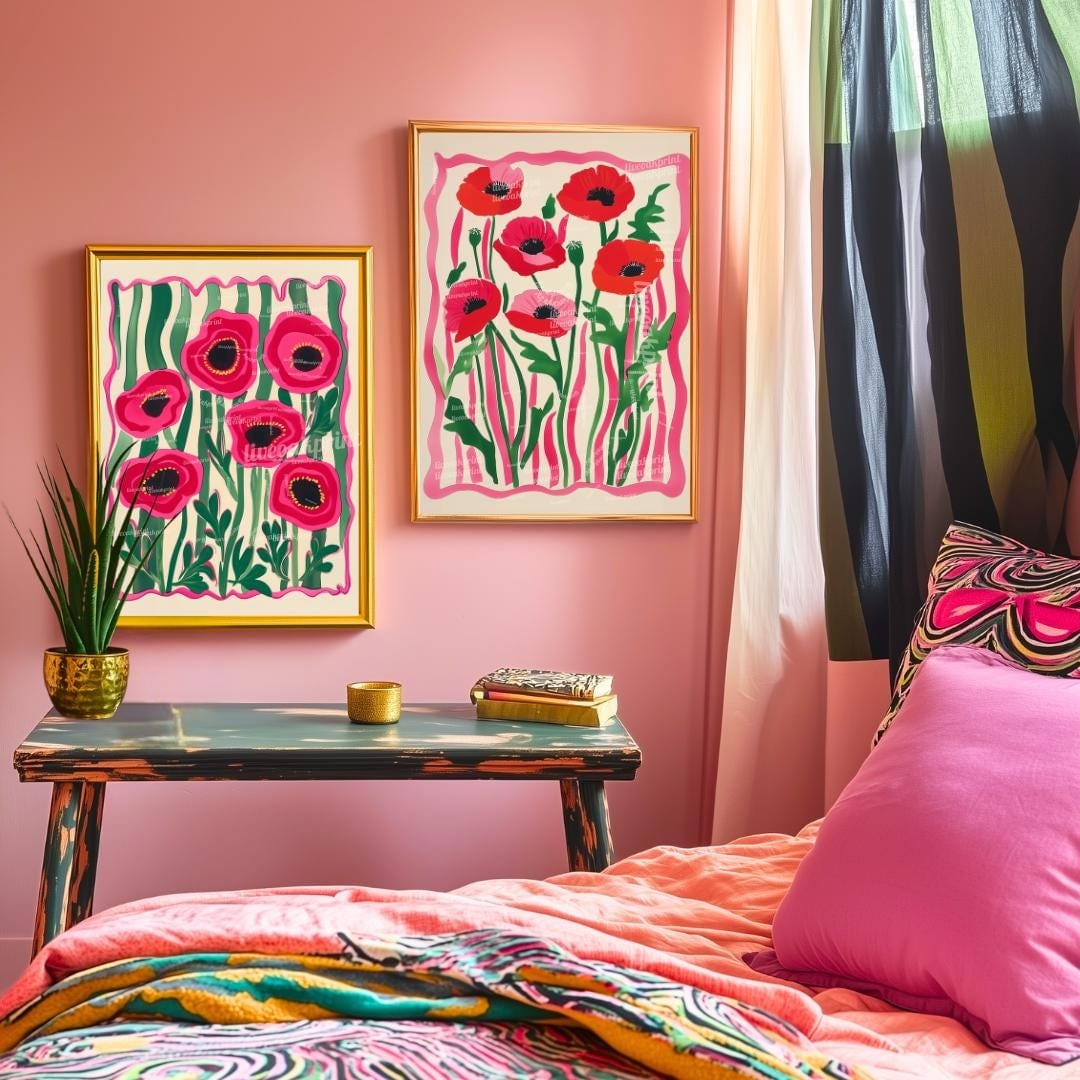 Set Of 2 Flower Art Prints – Red Poppy Flower Prints Pink and Green Boho Botanical Wall Decor Coquette Red Bedroom Art Bold Maximalist Decor