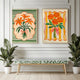 Set Of 2 Midcentury Flower Art Prints – Marigold and Lily Flower Prints Green and Orange Boho Botanical Wall Decor Maximalist Art Set of Two