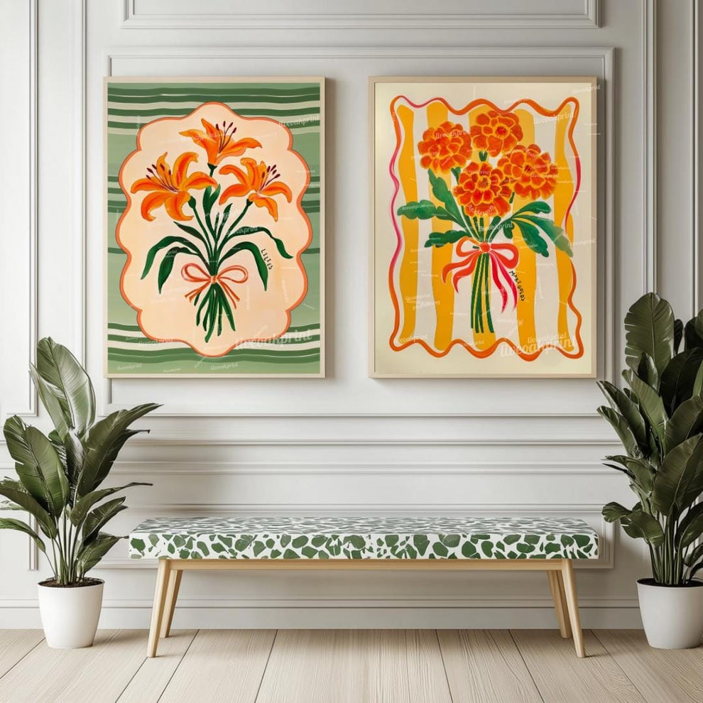 Set Of 2 Midcentury Flower Art Prints – Marigold and Lily Flower Prints Green and Orange Boho Botanical Wall Decor Maximalist Art Set of Two