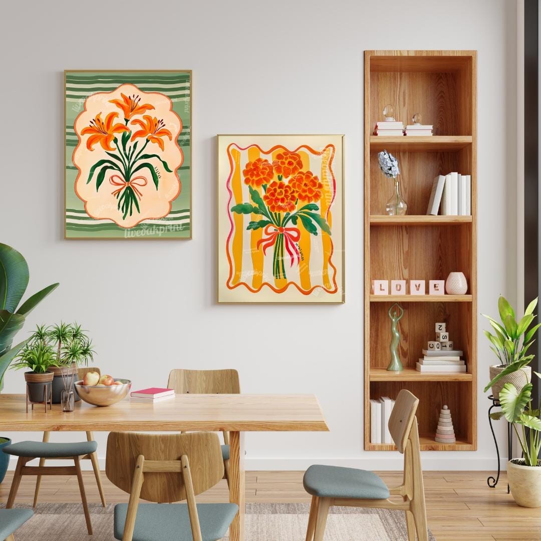 Set Of 2 Midcentury Flower Art Prints – Marigold and Lily Flower Prints Green and Orange Boho Botanical Wall Decor Maximalist Art Set of Two