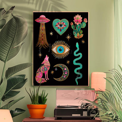 Witchy Boho Wall Art Print – UFO Wall Art Snake Art Print Coyote Wall Decor Moon Art Eye Print Southwestern Wall Art Surreal Home Decor