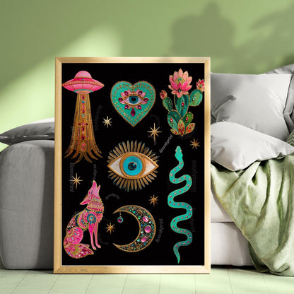 Witchy Boho Wall Art Print – UFO Wall Art Snake Art Print Coyote Wall Decor Moon Art Eye Print Southwestern Wall Art Surreal Home Decor
