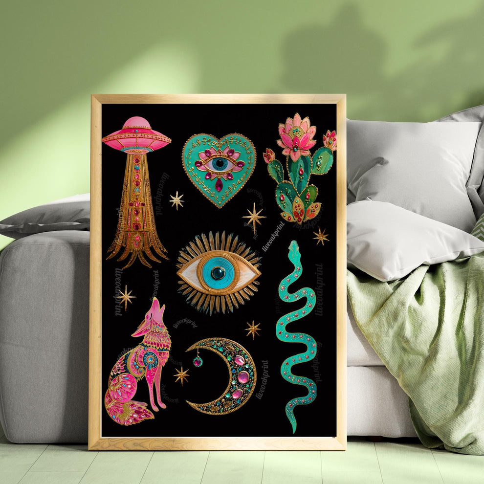 Witchy Boho Wall Art Print – UFO Wall Art Snake Art Print Coyote Wall Decor Moon Art Eye Print Southwestern Wall Art Surreal Home Decor