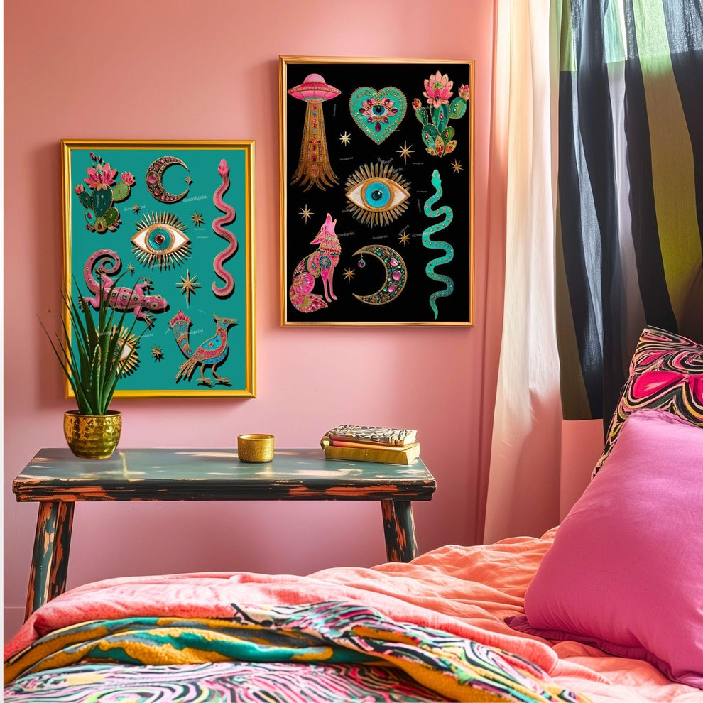 Witchy Surreal Wall Art – Mystical Desert Boho Wall Art Print Pink Gecko Cactus Moon Evil Eye Snake Surreal Southwestern Art Print Turquoise