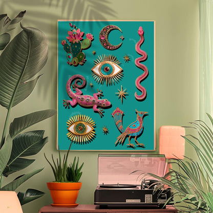 Witchy Surreal Wall Art – Mystical Desert Boho Wall Art Print Pink Gecko Cactus Moon Evil Eye Snake Surreal Southwestern Art Print Turquoise