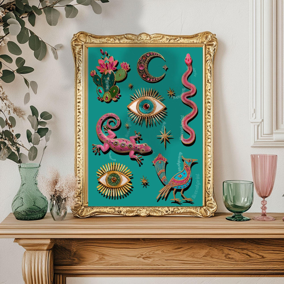 Witchy Surreal Wall Art – Mystical Desert Boho Wall Art Print Pink Gecko Cactus Moon Evil Eye Snake Surreal Southwestern Art Print Turquoise