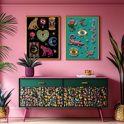 Witchy Surreal Wall Art – Mystical Desert Boho Wall Art Print Pink Gecko Cactus Moon Evil Eye Snake Surreal Southwestern Art Print Turquoise