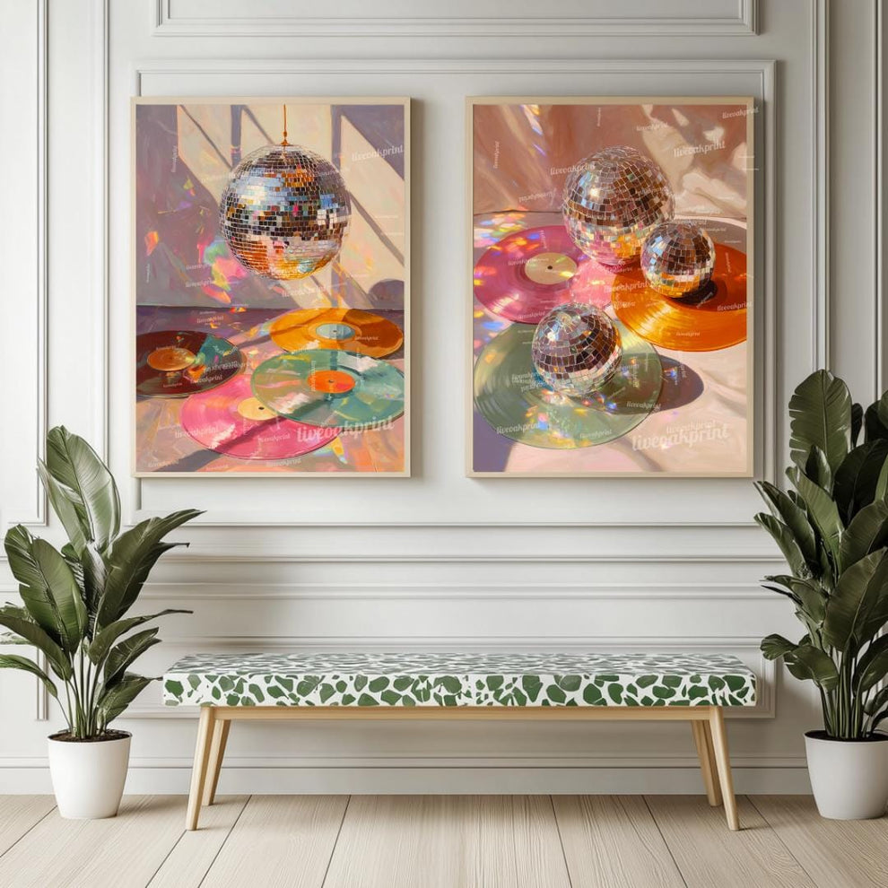 Disco Ball and Records Wall Art Set of 2 Prints – Funky Maximalist Wall Art Retro Wall Decor Gift For Record Lover Disco Ball Music Art