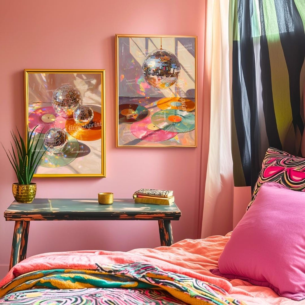 Disco Ball and Records Wall Art Set of 2 Prints – Funky Maximalist Wall Art Retro Wall Decor Gift For Record Lover Disco Ball Music Art