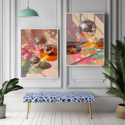 Disco Ball and Records Wall Art Set of 2 Prints – Funky Maximalist Wall Art Retro Wall Decor Gift For Record Lover Disco Ball Music Art