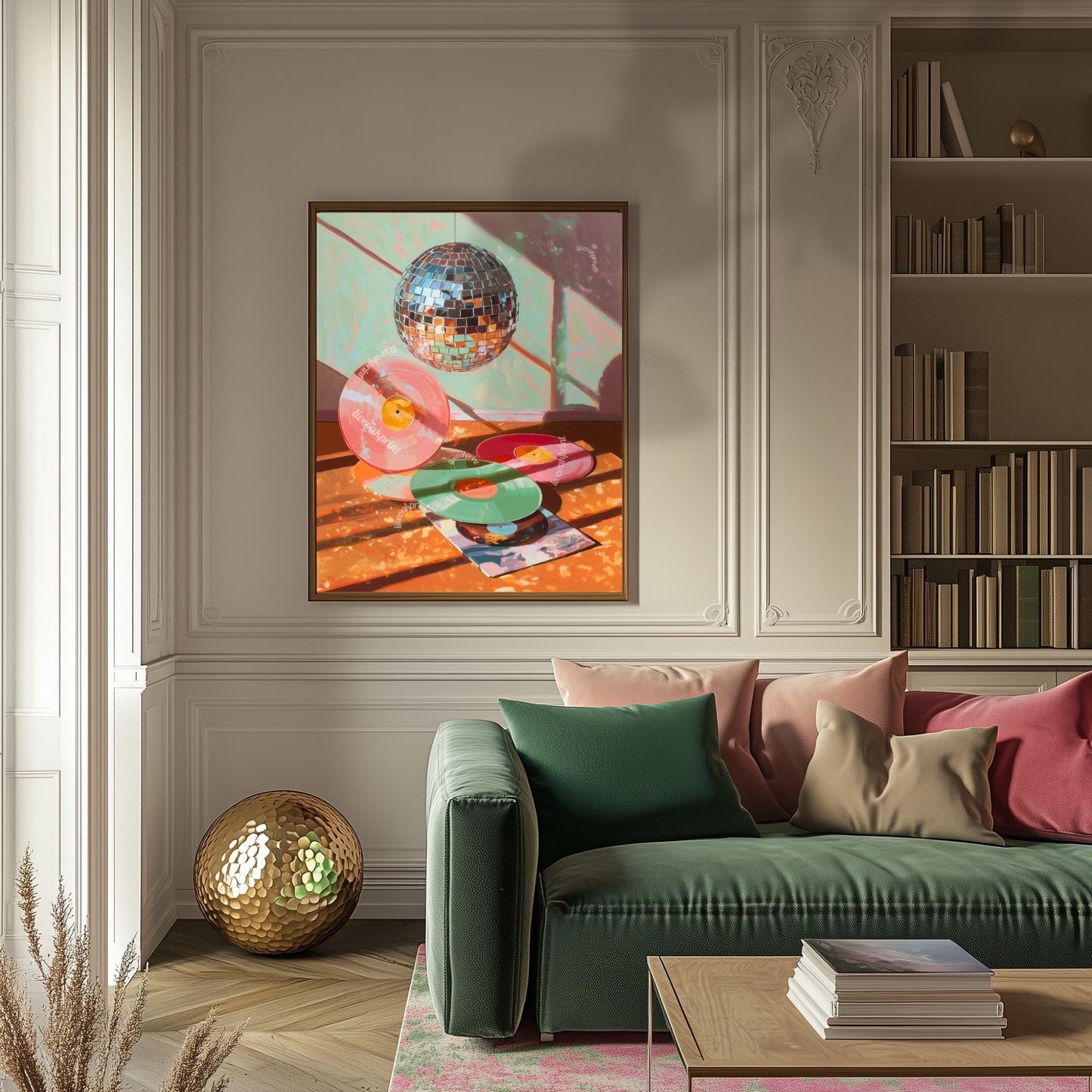 Disco Ball and Records Wall Art – Colorful Vinyl Record Print Retro Music Decor Maximalist Dopamine Decor for Living Room or Music Room