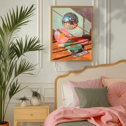 Disco Ball and Records Wall Art – Colorful Vinyl Record Print Retro Music Decor Maximalist Dopamine Decor for Living Room or Music Room