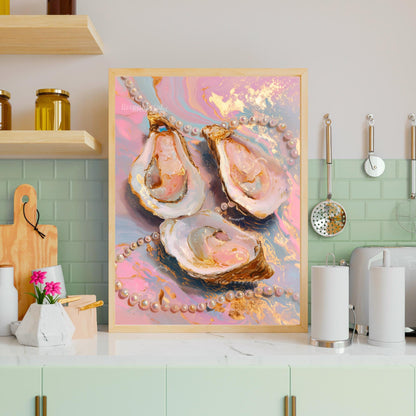 Glam Oysters and Pearls Art Print – Pink Coastal Wall Art Luxe Ocean Decor Dopamine Decor Surreal Maximalist Print for Bathroom or Vanity