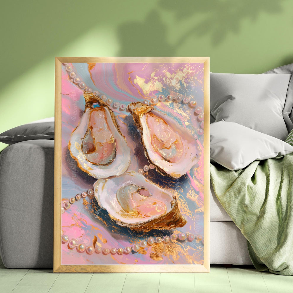 Glam Oysters and Pearls Art Print – Pink Coastal Wall Art Luxe Ocean Decor Dopamine Decor Surreal Maximalist Print for Bathroom or Vanity