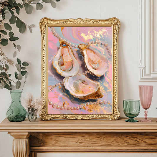Glam Oysters and Pearls Art Print – Pink Coastal Wall Art Luxe Ocean Decor Dopamine Decor Surreal Maximalist Print for Bathroom or Vanity