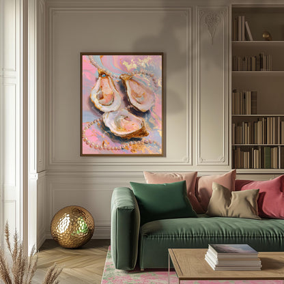 Glam Oysters and Pearls Art Print – Pink Coastal Wall Art Luxe Ocean Decor Dopamine Decor Surreal Maximalist Print for Bathroom or Vanity
