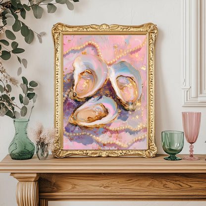 Pastel Oysters and Pearls Art Print – Pink Coastal Wall Art Glam Vanity Decor Feminine Dopamine Decor Ocean-Inspired Maximalist Wall Art