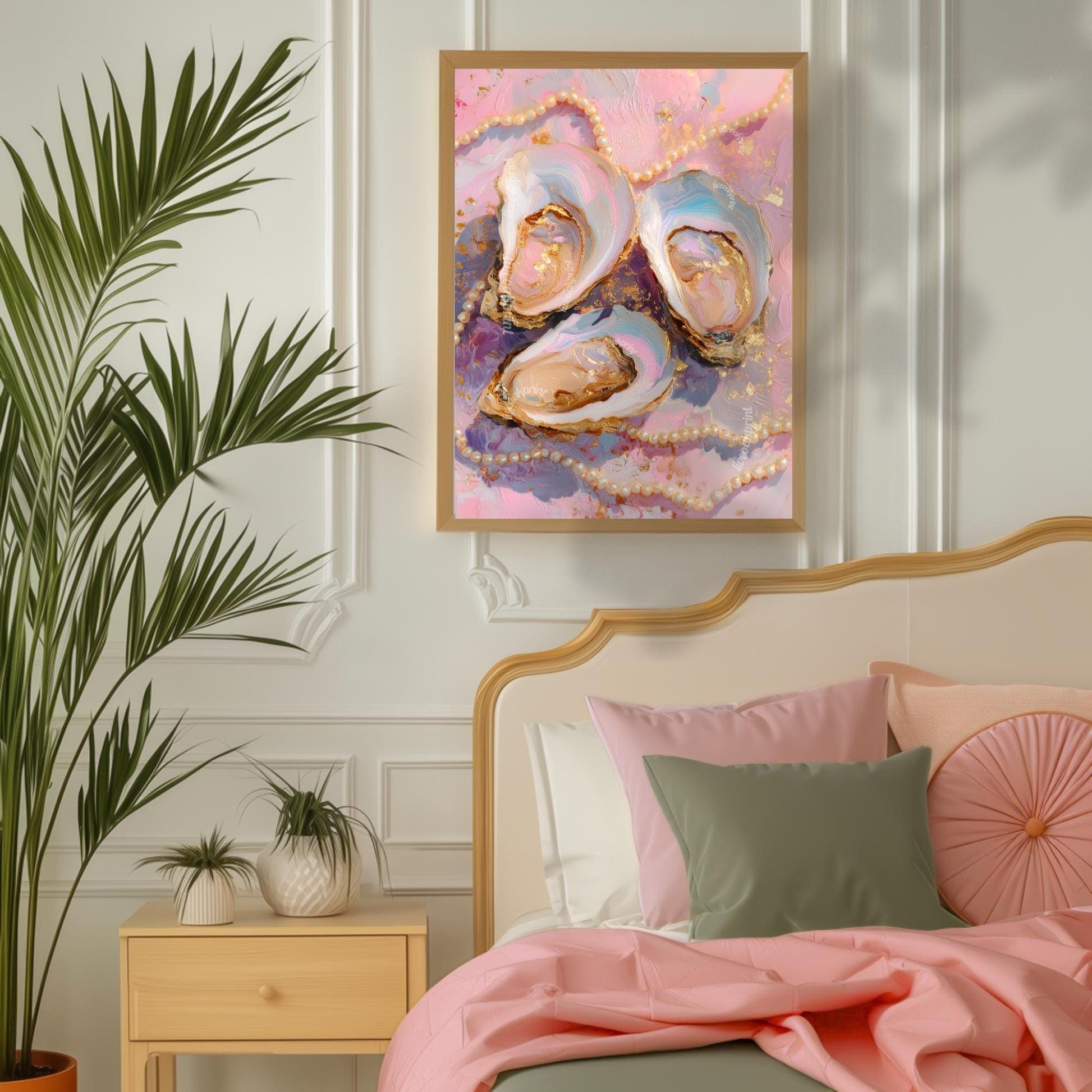 Pastel Oysters and Pearls Art Print – Pink Coastal Wall Art Glam Vanity Decor Feminine Dopamine Decor Ocean-Inspired Maximalist Wall Art