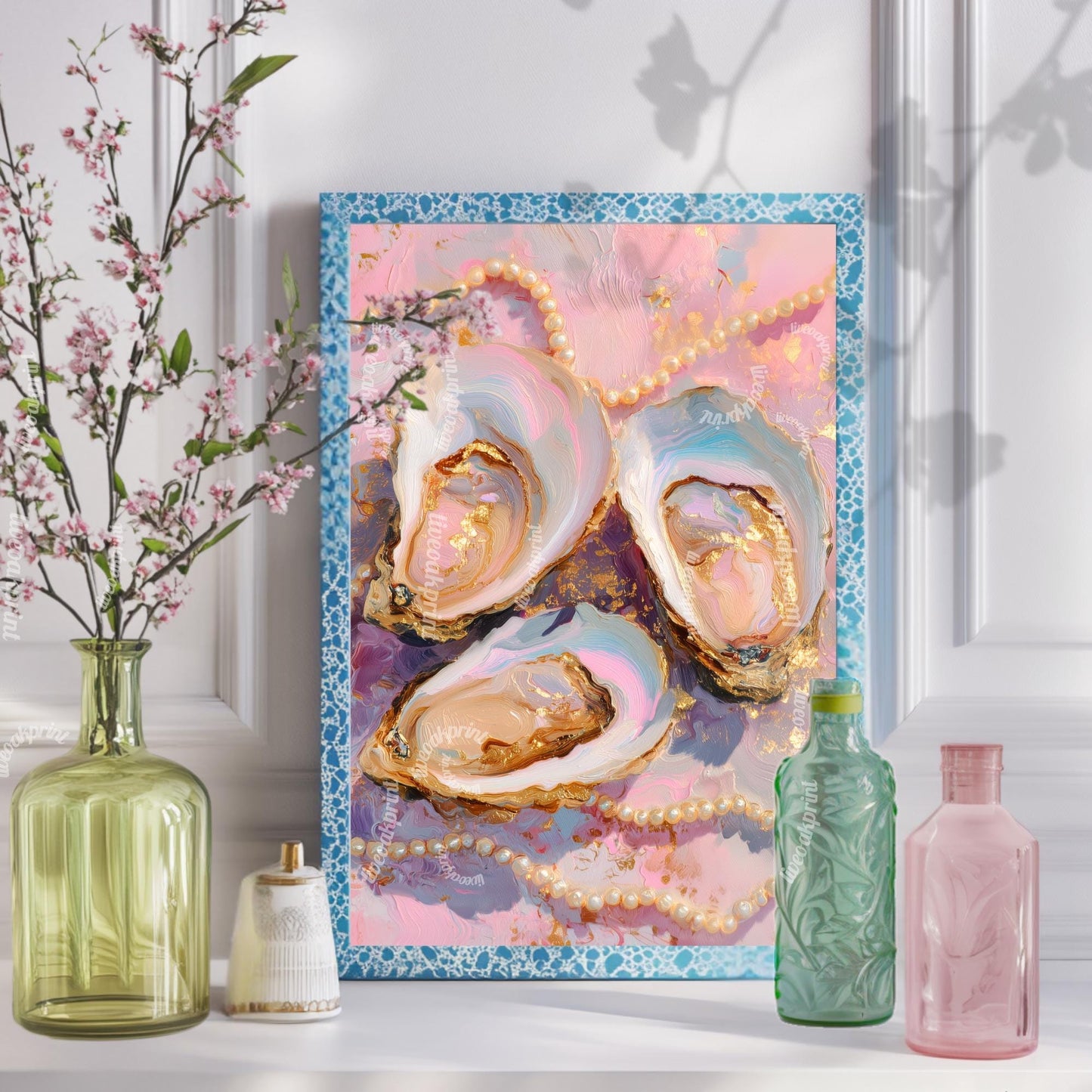 Pastel Oysters and Pearls Art Print – Pink Coastal Wall Art Glam Vanity Decor Feminine Dopamine Decor Ocean-Inspired Maximalist Wall Art