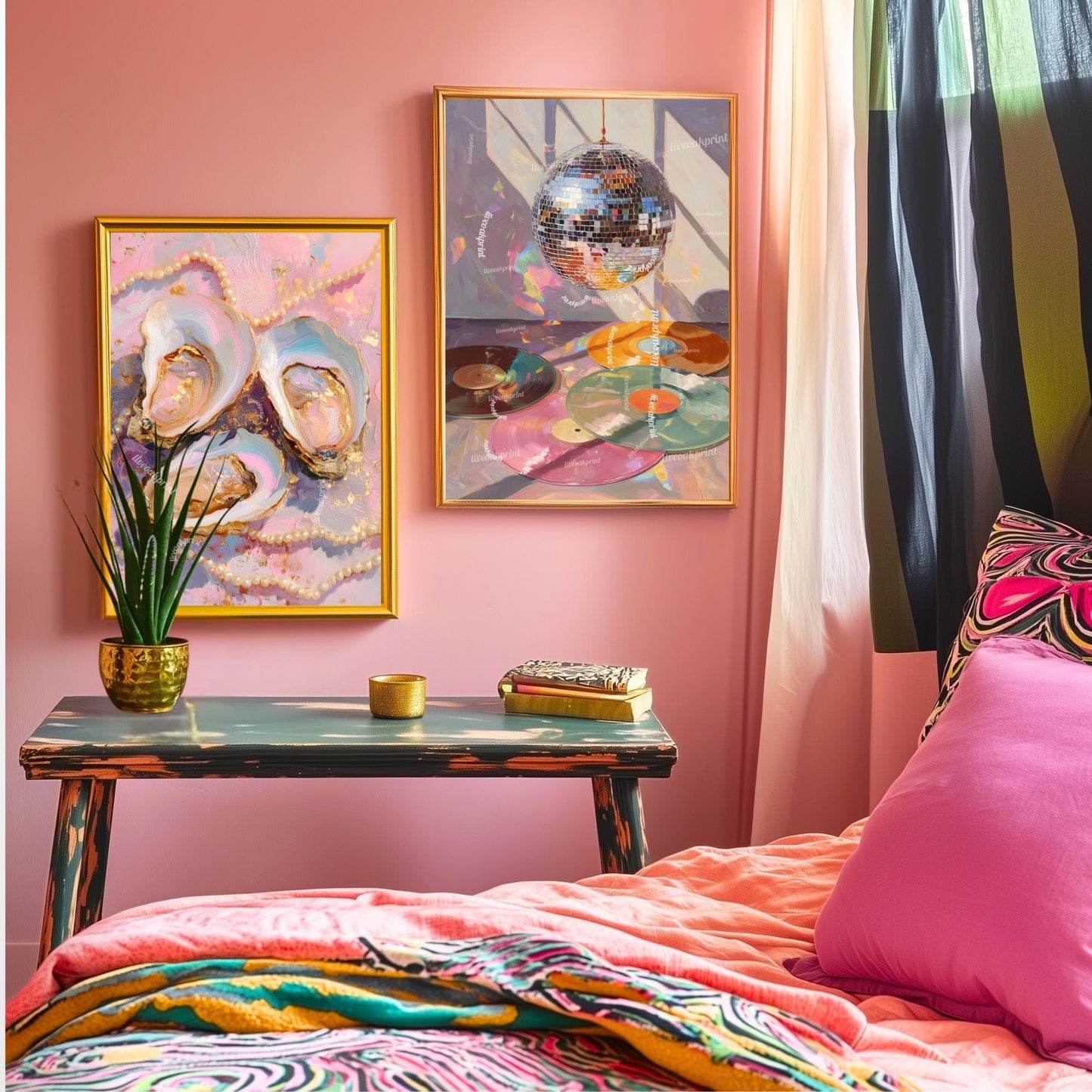 Pastel Oysters and Pearls Art Print – Pink Coastal Wall Art Glam Vanity Decor Feminine Dopamine Decor Ocean-Inspired Maximalist Wall Art