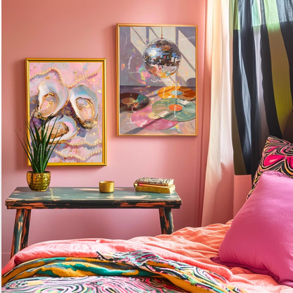 Pastel Oysters and Pearls Art Print – Pink Coastal Wall Art Glam Vanity Decor Feminine Dopamine Decor Ocean-Inspired Maximalist Wall Art