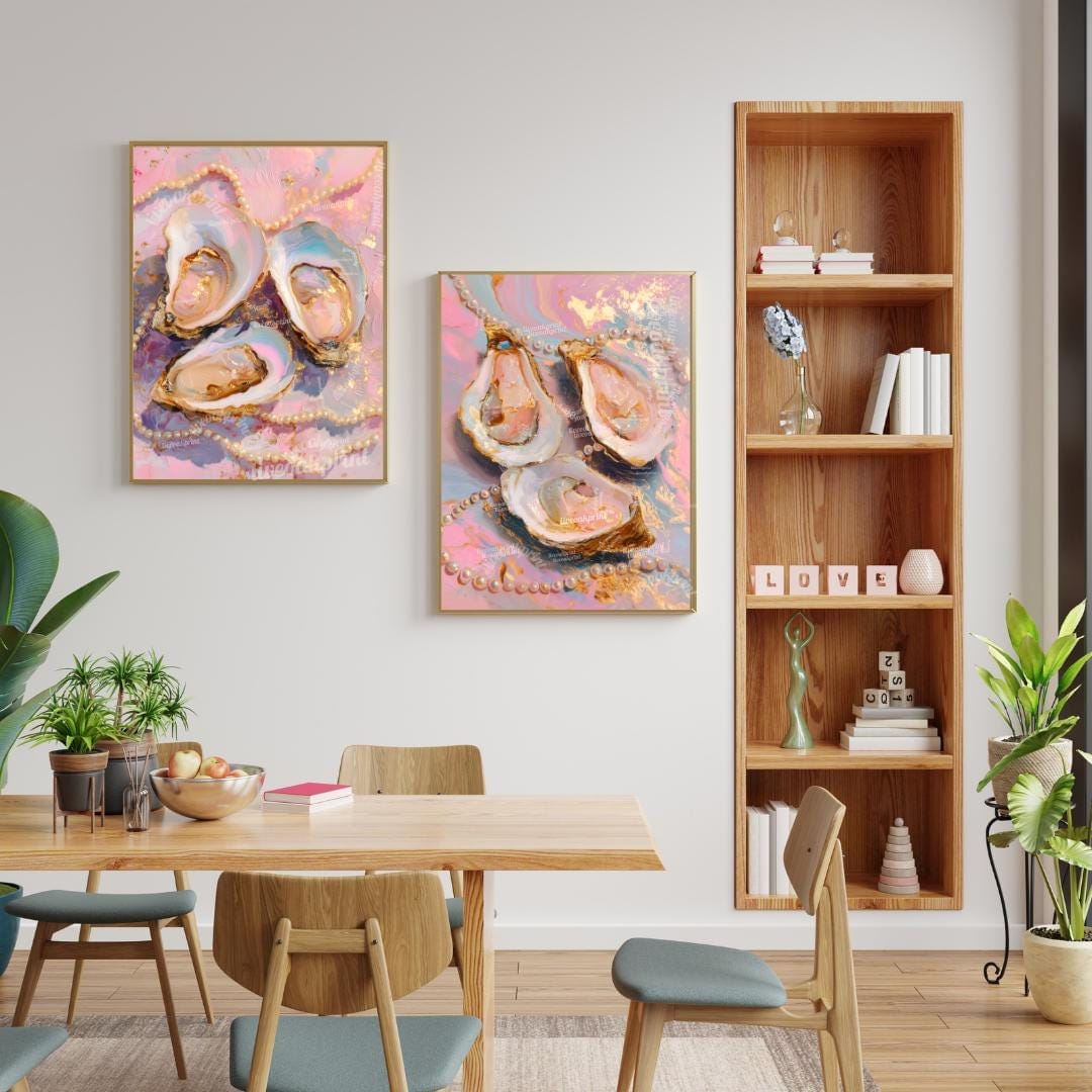 Set of 2 Oyster and Pearl Art Prints – Coastal Glam Wall Art Pink Maximalist Decor Feminine Vanity Wall Decor Ocean-Inspired Dopamine Decor