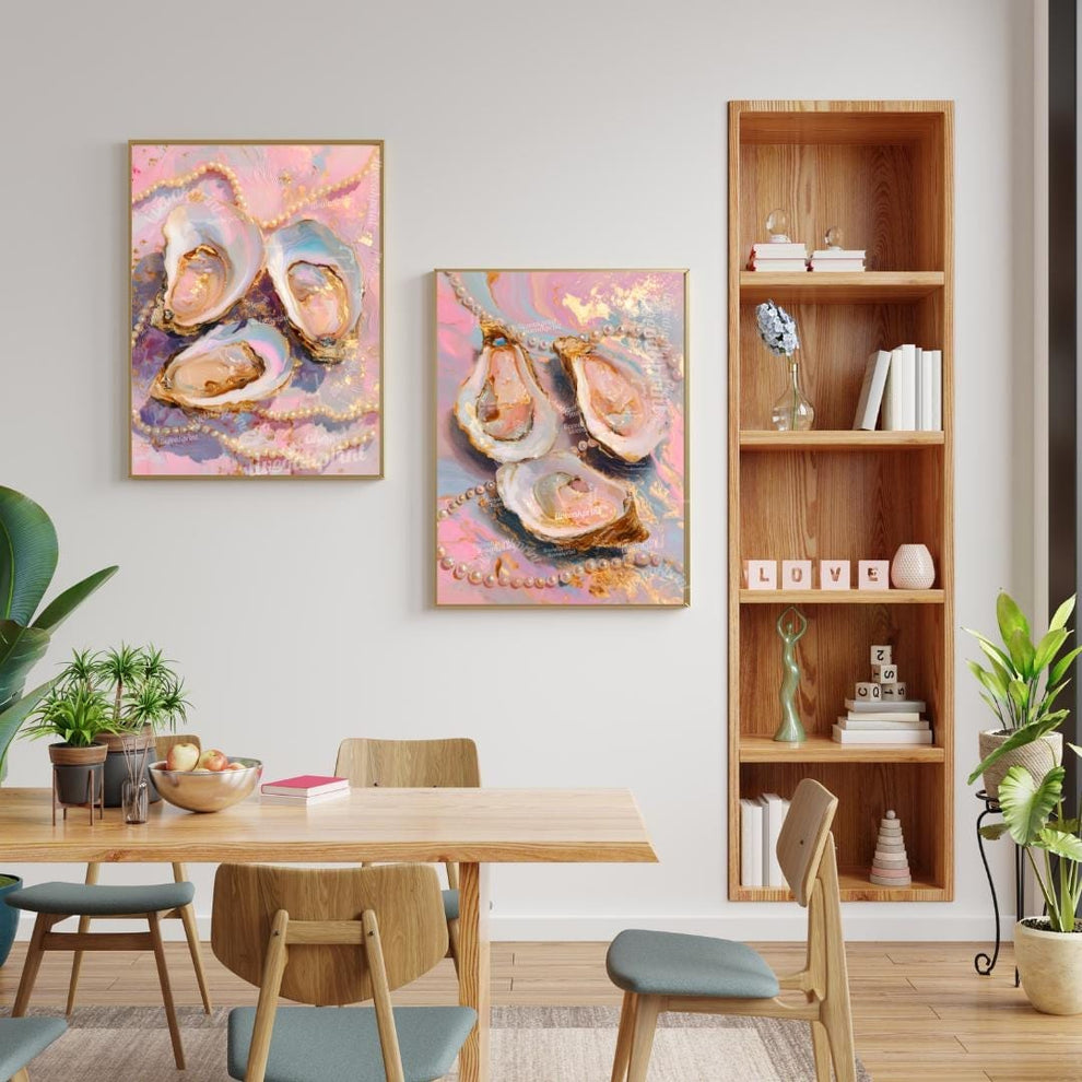 Set of 2 Oyster and Pearl Art Prints – Coastal Glam Wall Art Pink Maximalist Decor Feminine Vanity Wall Decor Ocean-Inspired Dopamine Decor